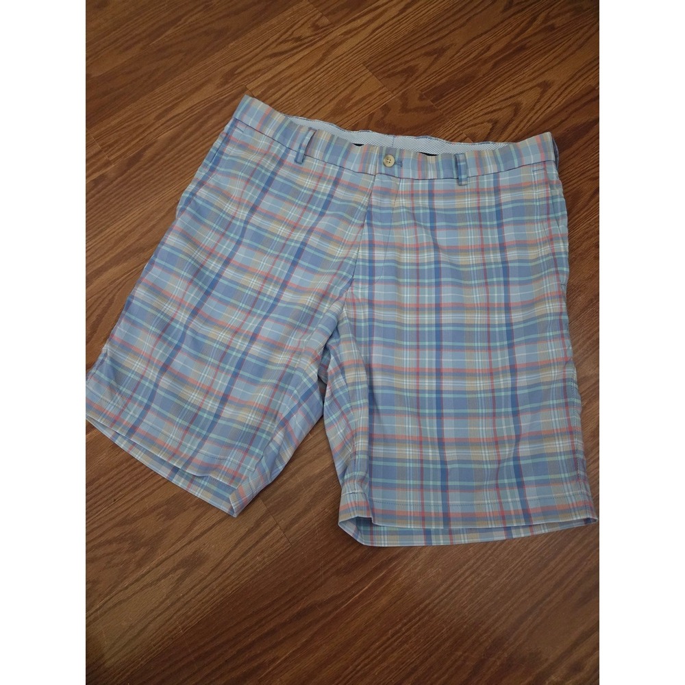 Peter Millar Featherweight Mens 34 Blue Orange Plaid‎ Performance Golf Shorts